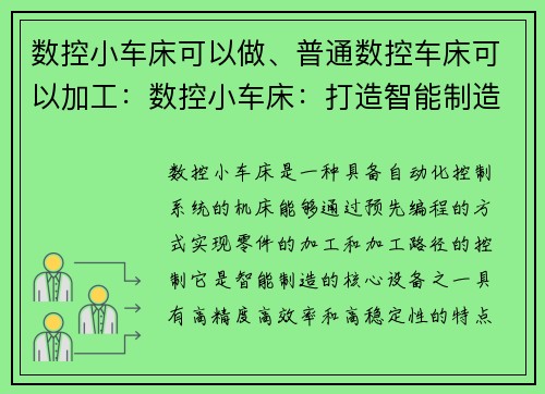 数控小车床可以做、普通数控车床可以加工：数控小车床：打造智能制造的核心设备